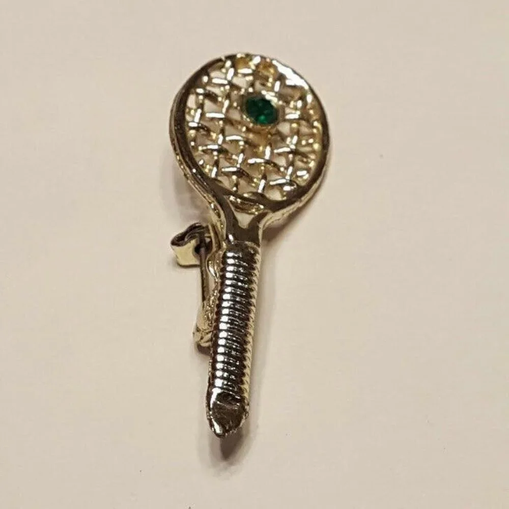 Vintage Brooch Lapel Pin Tennis Racket With Emerald Green Stone Silver Tone - Picture 4 of 9